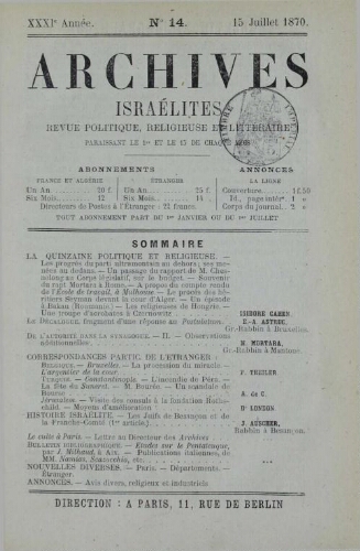 Archives israélites de France. Vol.31 N°14 (15 juil. 1870)